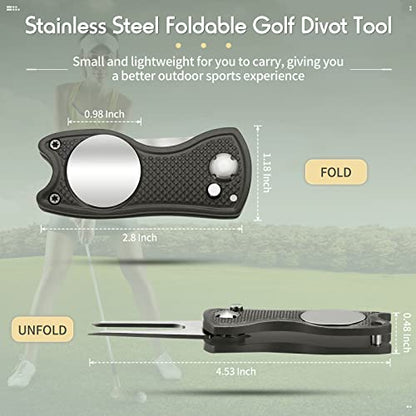 Skylety 4 Pcs Golf Divot Repair Tool Metal Foldable Golf Divot Tool with Magnetic Pop-up Button Ball Marker Stainless Steel Switchblade for Golfers Prizes - color: Gray