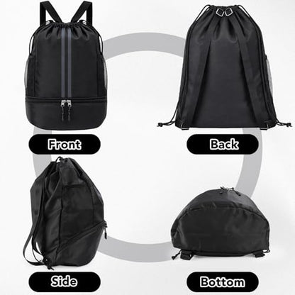 Pimoys Drawstring Backpack Gym Bag, Waterproof String Backpack with Side Mesh Pockets, Beach Bag for Basketball, Soccer, Swim, Wrestling Bag for Women Men
