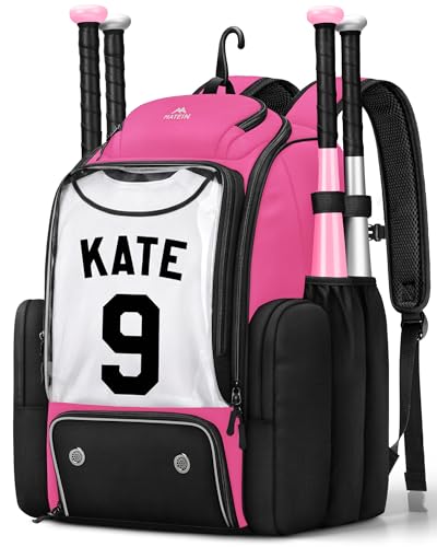 MATEIN PRO Softball Bat Backpack for 4 Bats with Transparent Front Pocket & Folding Board, Large Capacity Bat Bag with Foldable Shoe Compartment for Cleats, Baseball Equipment Bag for Girls & Women - color: Pink