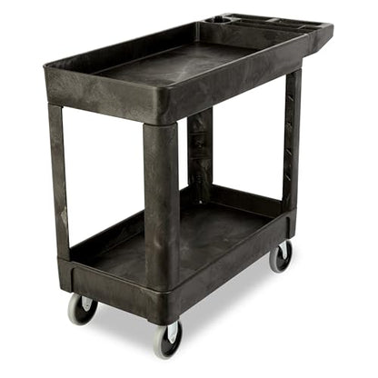 Rubbermaid Commercial Products 2-Shelf Utility/Service Cart, Small, Lipped Shelves, Storage Handle, 500 lbs. Capacity, for Warehouse/Garage/Cleaning/Manufacturing - size: Small