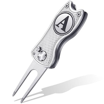 Golf Divot Repair Tool with Letter Custom Monogrammed Initial Ball Marker Divot Tool New Year Golf Gifts Foldable Metal with Magnetic Putt Alignment for Men Father Golfer - color: Silver, style: Letter A