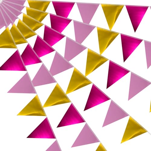 64ft Pink Gold Triangle Pennant Banner Flag Metallic Paper Bunting Garland for Women Hanging Backdrop Birthday Party Decorations Graduation Bachelorette Bridal Wedding New Year Shower Party Supplies - color: Pink Gold
