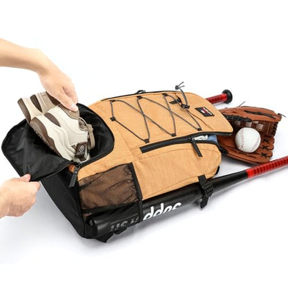 Baseball Backpack, Baseball Bag for Youth, Softball Bat Bag with Shoes Compartment, Laptop Compartment & Holds 2 Bats, Small Baseball Bat Equipment Bags for Fence Hook, Glove Holder & Helmet - color: Khaki
