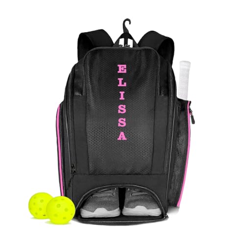 Personalized Pickleball Bag - Large Pickle Ball Backpack with Shoe Compartment, Fence Hook, Paddle Holder - Gifts for Men & Women
