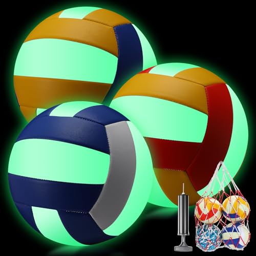 Libima 3 Pcs Glow in The Dark Volleyball with Pump Mesh Bag, Light up Luminous Volleyball Graduation Gift for Teen Adult Official Size 5 Indoor Outdoor Practice Holiday Summer Party Beach Sport Supply