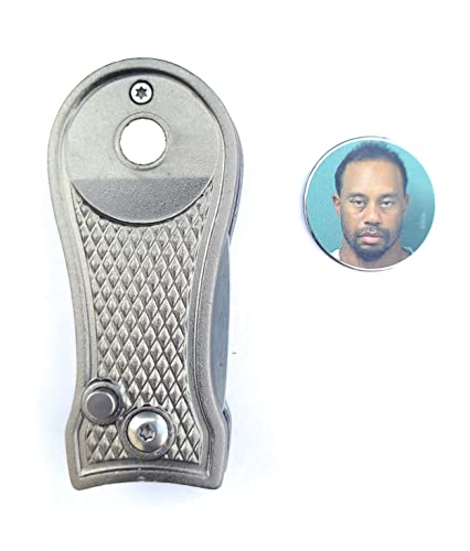 Tiger Woods Mugshot Golf Divot Repair Tool with Ball Marker - Foldable Switchblade Design (Black)