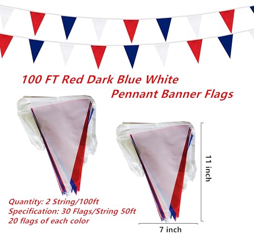 100 Feet Red Dark Blue & White Pennant Banner Flags String Hanging Red Dark Blue & White DIY Triangle Bunting Flags,Party Decorations for Grand Opening,Party Events,60 Pcs