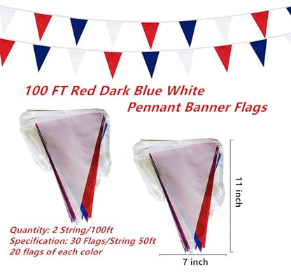 100 Feet Red Dark Blue & White Pennant Banner Flags String Hanging Red Dark Blue & White DIY Triangle Bunting Flags,Party Decorations for Grand Opening,Party Events,60 Pcs
