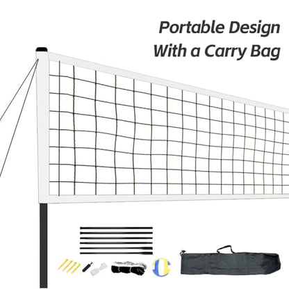 Portable Outdoor Volleyball Net Set 19ft Easy Set Up Volleyball Net System with Adjustable Poles, Soft Volley Ball, Pump, Boundary Line, Carry Bag for Backyard, Beach,