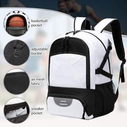 Basketball Backpack - Large Sports Equipment Bag with Ball Holder & Shoe Compartment for Basketball. (white) - color: White