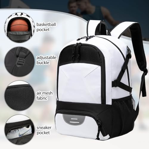 Basketball Backpack - Large Sports Equipment Bag with Ball Holder & Shoe Compartment for Basketball. (white) - color: White