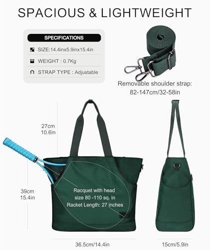 Tennis Bags for Women, Large Pickleball Tote Bag Men 2 Rackets Lightweight Crossbody Shoulder Bag for Gym Sport - color: Green