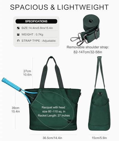 Tennis Bags for Women, Large Pickleball Tote Bag Men 2 Rackets Lightweight Crossbody Shoulder Bag for Gym Sport - color: Green