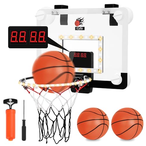 CYFIE LED Mini Basketball Hoop for Kids & Teens, Indoor Basketball Hoop with Electronic Scoreboard, Light & Sound Effects, Dual Hook and Suction Cup Mount, Fun Sports Toy Gift for Boy Girl Dorm Office - color: LED
