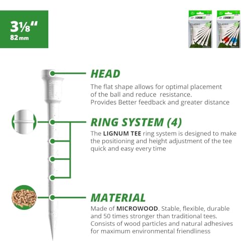 LIGNUM Unbreakable Microwood Golf Tees 50x More Durable/Adjustable Golf Tee/Innovative Wood Fiber and Natural Adhesives/Golf Tee, Golf Tees, Tees Golf, Golf Ball Tees - color: White, size: 3 1/8" (82mm)