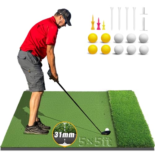 Dual-Turf Golf Mat 36mm: 5x4ft/5x5ft Extra Thick Golf Hitting Mats Practice Outdoor Indoor, High-Density Artificial Hitting Training Matt for Garage Chipping Driving Swing, Ideal Gifts for Men Dad - style: 5‘X5’ Thickened- 31mm