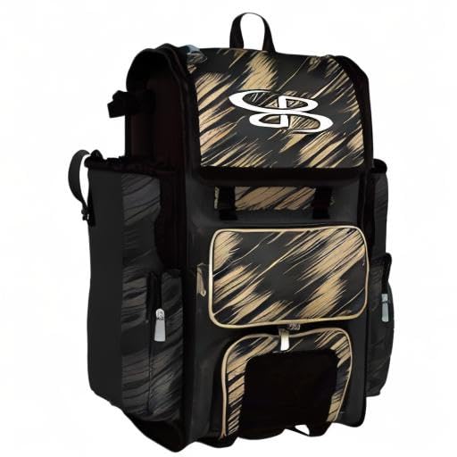 Boombah Rolling Superpack Scratch Baseball/Softball Gear Bag - 23-1/2" x 13-1/2" x 9-1/2" - Multiple Colors - Telescopic Handle and Holds 4 Bats - Wheeled Version - color: Black/Vegas Gold