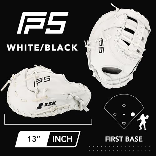 SSK FP5 Fastpitch Softball First Base Mitt 12.5” – 13” Right & Left Hand Throw Premium Full Leather Softball Glove - color: White/Black, size: 13" - Right Hand Throw