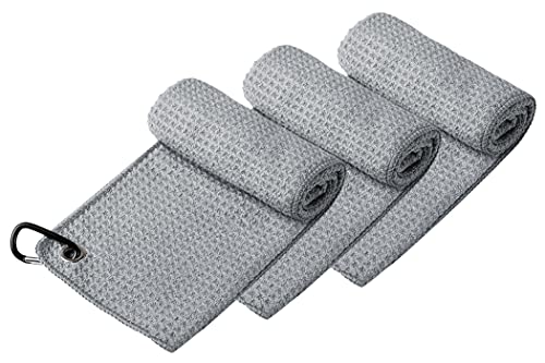 Handy Picks Microfiber Golf Towel (16" X 16") with Carabiner Clip, Waffle Pattern Golf Towel Hook and Loop Fastener - The Convenient Golf Cleaning Towel - color: Grey