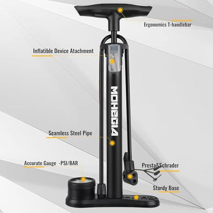 MOHEGIA Bike Floor Pump with Gauge: Air Bicycle Pump with High Pressure 160 PSI,Fits Schrader and Presta Valve -Inflator with Ball Pump Needles for MTB Road Bike, Ball, Balloon, Inflatables - color: black