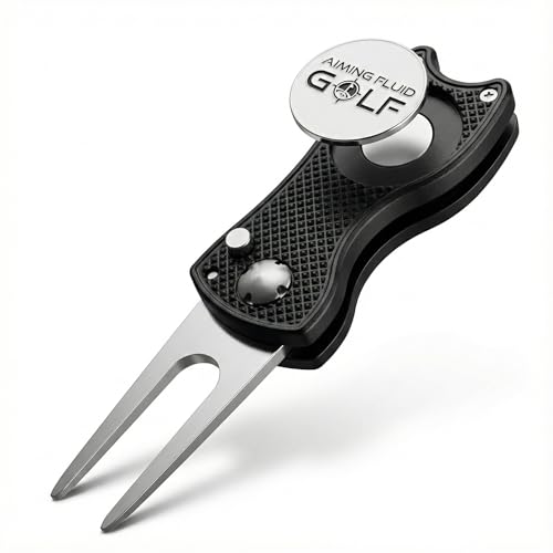 Golf Divot Repair Tool — 5-in-1 Golfing Ball Marker, Pitch Mark Repair, Putting Alignment, Club Tee, and Groove Cleaner, Accessory Metal Switchblade Design - Ideal Gift for Golfers - color: Black