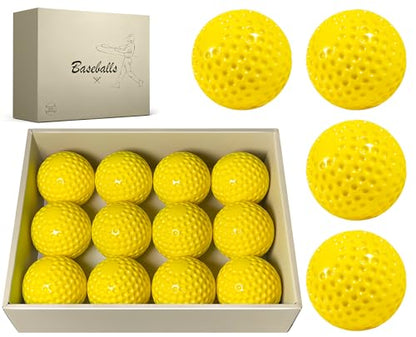 12 Pack Yellow Dimpled Baseballs, 9-Inch Pitching Machine Baseballs for Hand-Eye Coordination, Hitting and Fielding Practice