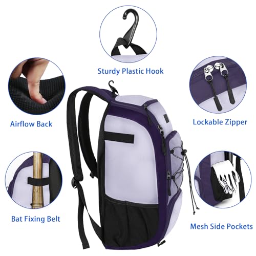 MATEIN Baseball Backpack, Softball Bat Bag with Shoes Compartment for Youth, Boys and Adult, Lightweight Baseball Bag with Fence Hook Hold TBall Bat, Batting Mitten, Helmet, Caps, Teeball Gear - color: Purple, size: 47L
