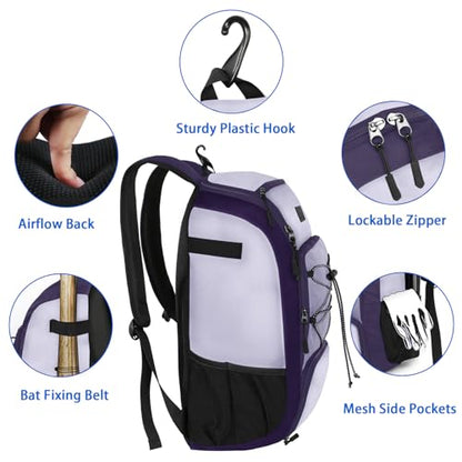 MATEIN Baseball Backpack, Softball Bat Bag with Shoes Compartment for Youth, Boys and Adult, Lightweight Baseball Bag with Fence Hook Hold TBall Bat, Batting Mitten, Helmet, Caps, Teeball Gear - color: Purple, size: 47L