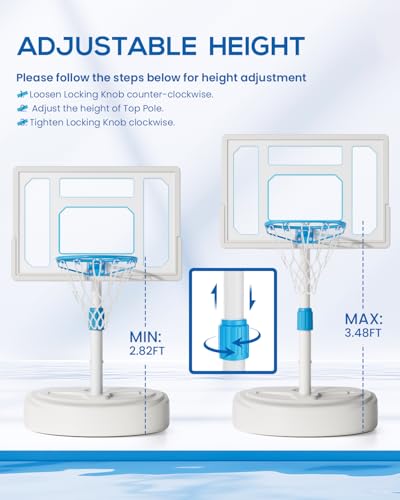 Stainless Steel Pool Basketball Hoop Poolside, Adjustable Swimming Pool Basketball Goal with 32 Inch Shatterproof Backboard, Poolside Water Basketball Hoop, 2 Balls & Pump Included (32in Pool Hoop)