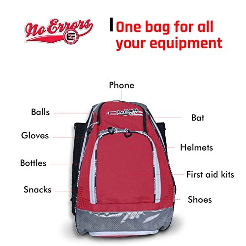 No Errors Sports RBP Rookie Baseball and Softball Backpack - Youth Baseball and Softball Bat Bag with Fence Hooks - Baseball and Softball Equipment Bag for Kids - color: Red