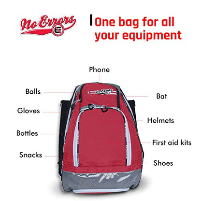 No Errors Sports RBP Rookie Baseball and Softball Backpack - Youth Baseball and Softball Bat Bag with Fence Hooks - Baseball and Softball Equipment Bag for Kids - color: Red