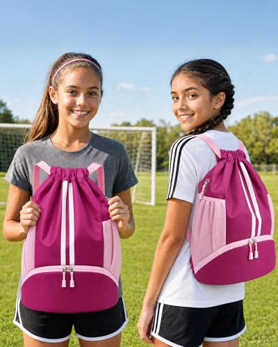 JELUTAR Soccer Bag, Drawstring Soccer Backpack with Shoe Compartment, Water Resistant Sport Gym Bags for Volleyball Basketball Football Beach Swim Pool - color: Rose Pink