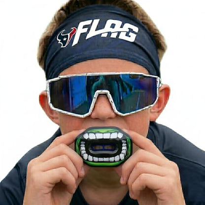 Oral Mart Flag Football Mouth Guard with 3D LipFit Design for Kids - Youth Football Mouthguard (No Boil) Cool Instant Fit Lip Guard Mouthpiece for Braces (Detachable Helmet Strap Included) - color: Green Monster