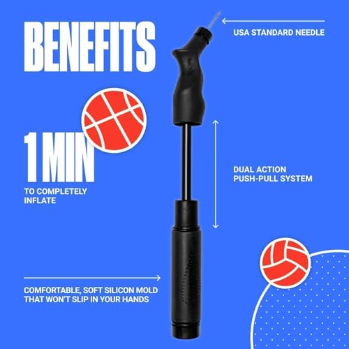 SPORTBIT Ball Pump for Sports Balls - Push & Pull Inflating System - Hand Pump for Exercise Balls - Volleyball Pump, Basketball Inflator, Ball Air Pump - Goes with 5 Needles Set