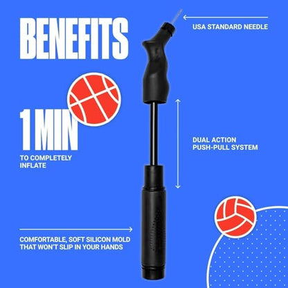 SPORTBIT Ball Pump for Sports Balls - Push & Pull Inflating System - Hand Pump for Exercise Balls - Volleyball Pump, Basketball Inflator, Ball Air Pump - Goes with 5 Needles Set