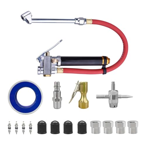 Heavy Duty Bayonet Style Tire Inflator with Air Chuck, 0-200PSI 17PCS Auto Tire Pressure Gauge with 4 Way Tool & Valve Core, Air Compressor Accessories, Universal for Sedan Truck SUV (Red) - color: Red
