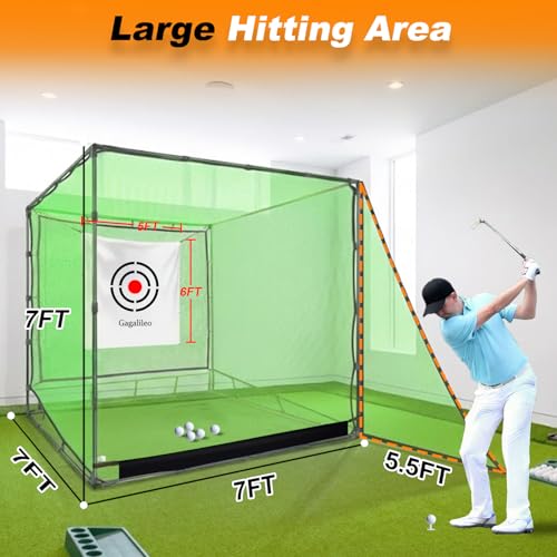 Gagalileo Golf Driving Cage Net: Heavy Duty 1 in Steel Frame - Noise Reduction Target for Backyard Garage Indoor Simulator - 7x7x7 FT High Density Hitting Swing Practice - size: 7x7x7ft with Bottom