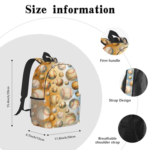 Baseball Backpack for Kids & Youth, 16 Inch Tennis-Themed School Bookbag, Lightweight Polyester Daypack with Front Zip Pocket, Side Bottle Pocket, Padded Adjustable Straps, Unisex - color: Baseball