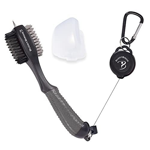 Retractable Golf Club Brush | Oversize Double Brush & Ergonomic Grip & Retractable Groove Cleaner & Lanyard - color: Gray
