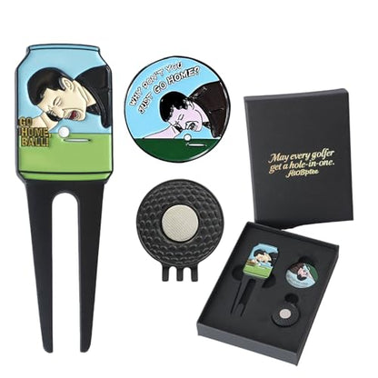 Golf Portable Buckle Divot Tool - Multifunctional Metal Pitch Mark Repairer with Magnetic Ball Marker, Gift Box Set，Golf Fork