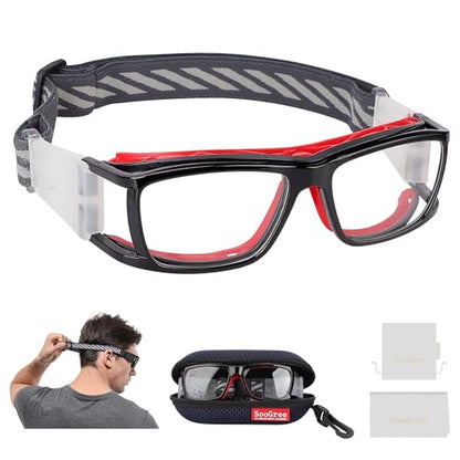 SooGree Sport Glasses for Men Women Basketball Football Sport Goggles Anti Fog Shock Collision Wearable Glasses - color: Black Frame Red Nose Pads