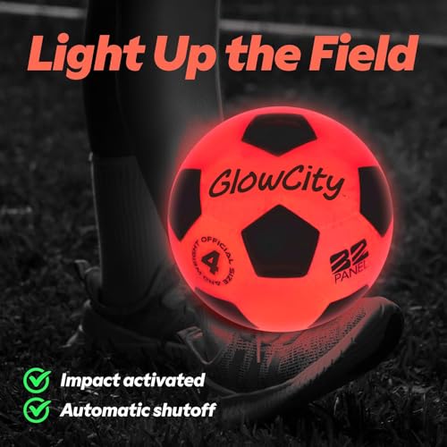GlowCity Glow in The Dark Soccer Ball - Sizes 3, 4, 5 for Kids, Teens & Adults - Light Up Soccer Ball with 2 LED Lights - Sports Birthday Gifts Ideas for Boys & Teenagers Ages 6 7 8 9 10 11 12 13 14