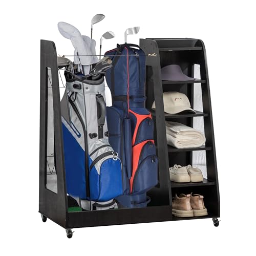 Wooden Golf Bag Organizer for Garage, Golf Storage Rack with 360° Wheels for Golf Bags, Clubs, Golf Accessories - color: Black, size: 35 inch for 2 Golf Bags
