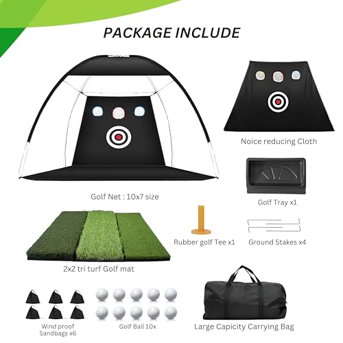 Golf Hitting Net 10x7FT with Tri Turf Mat, Golf Nets for Backyard Driving Real Golf Balls with 10 Balls, 4 Ground Stakes, 6 Windproof Sandbags, Rubber Tee, Tray and Carry Bag Indoor/Outdoor Use