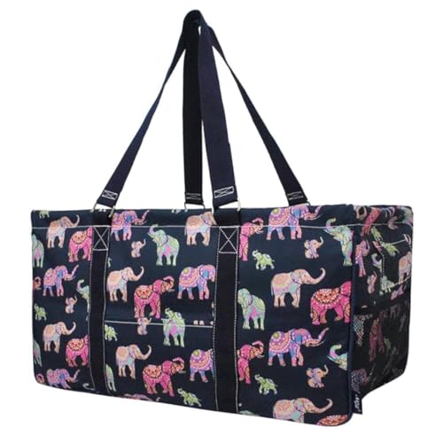 Extra Large Utility Tote Reusable Grocery Bag Oversized Collapsible for Groceries, Storage, Picnic, Beach (Bohemian Elephant-NAVY) - color: Bohemian Elephant-navy