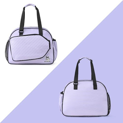 Boulder Bee Pickleball Bags, Premium Pickleball Tote Bag for Girls, Women’s Hand/Shoulder Gym Bag w Water Bottle Holder, with Pickleball Racquet/Paddle Holder - color: Stripe-Purple