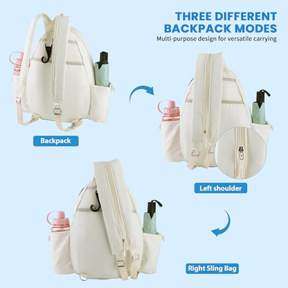 Tennis Bags for Women - Ideal Mothers Day Gifts, Quilted Tennis Sling Crossbody Backpack with Fence Hook, Water Resistant Tennis Racket Bag for Pickleball, Badminton, Beige