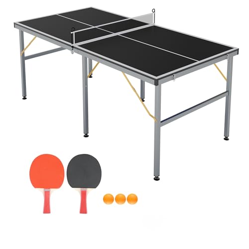 6x3 FT Folding Ping Pong Table, Indoor Outdoor Table Tennis Table with Net, 12mm MDF Portable Table Tennis Set for Home Game Room, Includes 2 Paddles and 3 Balls, Black