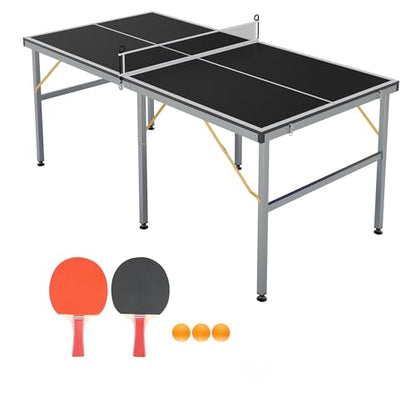 6x3 FT Folding Ping Pong Table, Indoor Outdoor Table Tennis Table with Net, 12mm MDF Portable Table Tennis Set for Home Game Room, Includes 2 Paddles and 3 Balls, Black