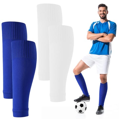 2 Pairs Pre Cut Soccer Socks, Soccer Sock Sleeves and Shin Guard Sleeves for Youth Men and Women, Breathable Stretch Calf Support, Secure Fit Leg Covers for Training Practice and Matches - color: White+Blue, size: Large